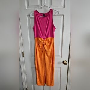 Colorblock Pink and Orange Midi Dress